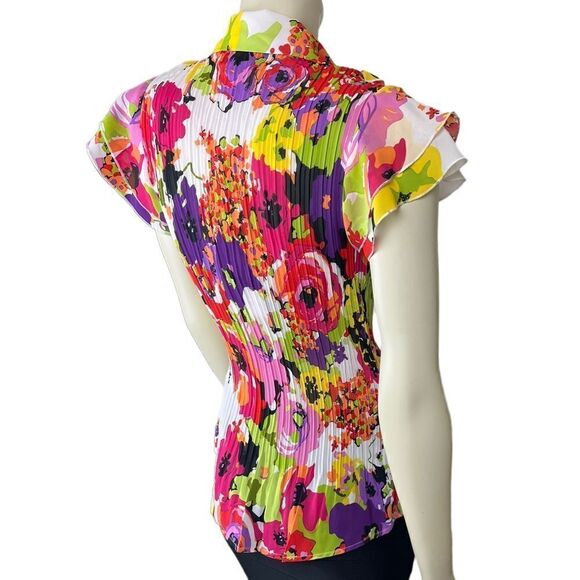 NWT Cathaya's Slimming S/S Blouse w/Colorful Floral Ruffles & Pleated Bodice SzM - Picture 11 of 15